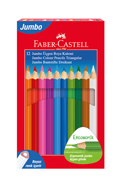 Faber Castell Jumbo Üçgen Boya Kalemi, 12 Renk, Ergonomik Gövde, Beyaz Renk İ...