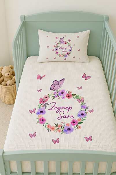 Lilabio %100 Pamuk İsme Özel İsimli 100x150 cm Pike Seti Mor Çiçek ve Kelebek...