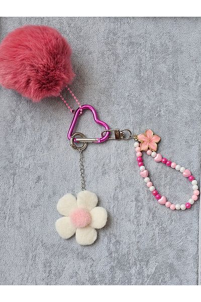 SiestaAccessories Pink Plush Floral Beaded Bag Charm / Accessory / Ornament / Keychain