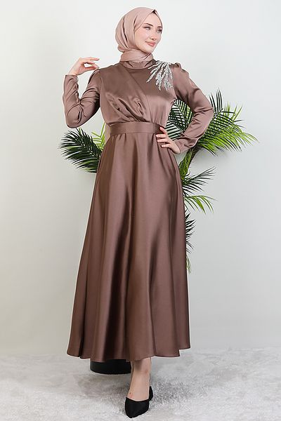 GİZ AGİYİM Βραδινό Σατέν φόρεμα Shoulder Stoned Dark Mink