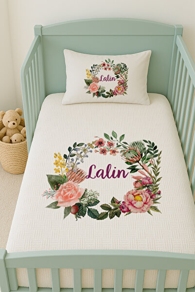 Lilabio %100 Pamuk İsme Özel İsimli 100x150 cm Pike Seti Güllü Kelebek Çemberi