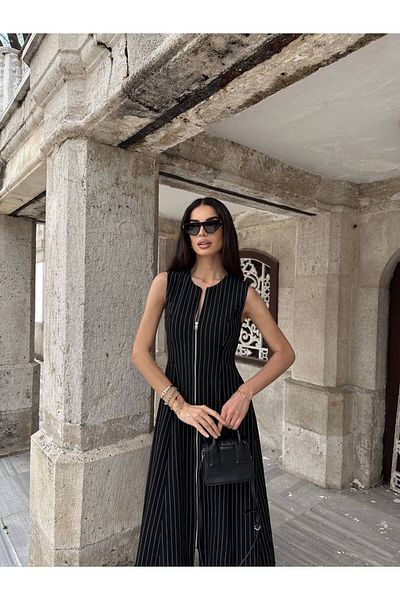 LOCH BUTİK Rochie midi cu fermoar cu dungi negre de damă