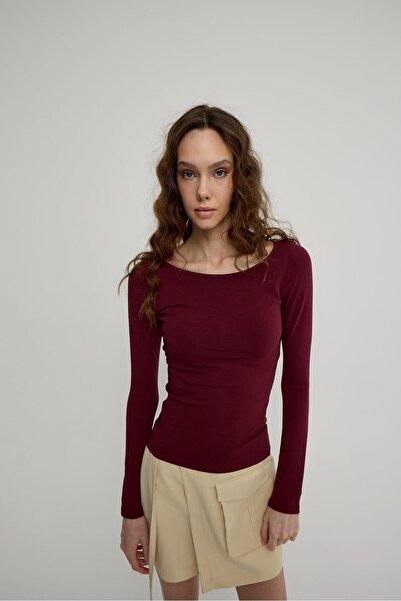 TUBİA Kadın Bordo Geniş Yakalı Uzun Kollu T-shirt