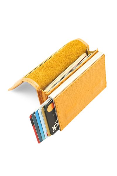 willpolo Genuine Calfskin Natural Pouch Compartment Mechanism Automatic Yellow Card Holder Wallet