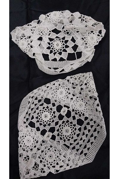 Papatyam Hand Knitted Crochet and Pillow Head, Lace Lacing Set Vintage