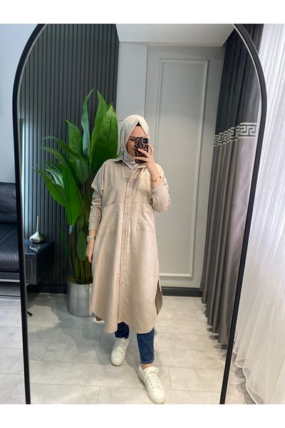 My Magazin تونيك نسائي طويل من القطن بتفاصيل جيوب