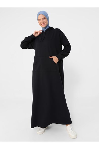 Benin Hooded Hijab Dress with Kangaroo Pocket - Navy Blue -