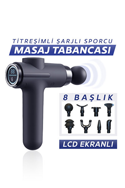 Mega Plus LCD Ekranlı 8 Başlık Titreşimli Şarjlı Sporcu Masaj Aleti Kas Rahatlatıcı Gevşetici Masaj Tabancası