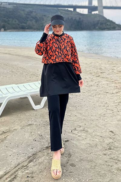 Yefrastore Women's Orange Patterned Hijab Swimsuit 3 Piece Set
