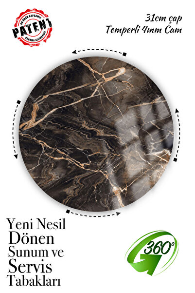 Sunum360 Kahverengi Mermer Desenli, Dönen Standlı Servis Ve Sunum Tabağı, Pey...