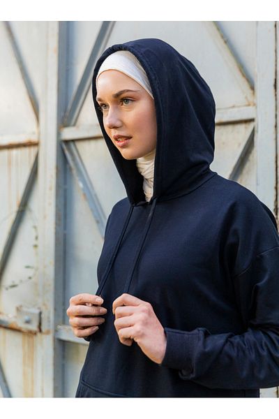 Benin Hooded Hijab Dress with Kangaroo Pocket - Navy Blue -