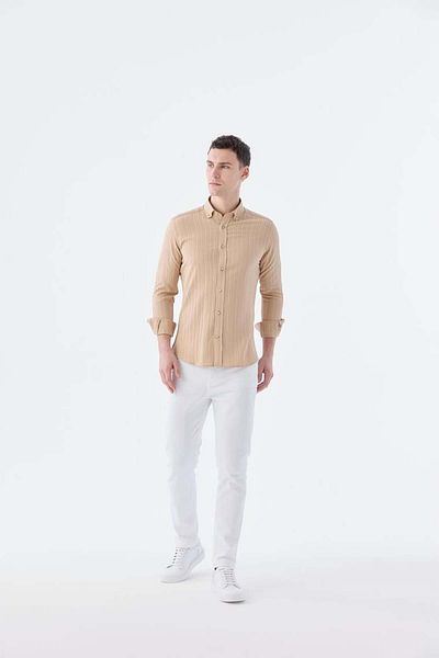 Jakamen Μπεζ Slim Fit Πουκάμισο με κουμπιά με λαιμόκοψη με μικτό σχέδιο