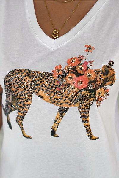 FEMELLE Women's White V-Neck Leopard Sequin Embroidered 100% Cotton T-Shirt