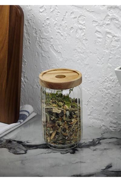 HomeTarz Timber Cam Kavanoz - Çizgili Saklama Kavanozu - Ahşap Kapaklı, 750 ML