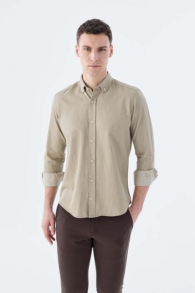 Jakamen Μπεζ Slim Fit Πουκάμισο με Κουμπιά Πέτο 100% Βαμβάκι