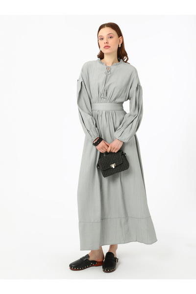 Refka Viscous Blended Hijab Dress with Binding Detail - Gray - Refka