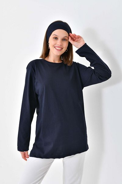 mirach Navy Blue Cotton Combed - Long Sleeve Tunic and Blouse T-Shirt, Bandana Gift, Thin Anti-Sweat