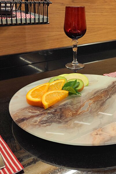 Sunum360 Beyaz Mermer Desenli, Dönen Standlı Servis Ve Sunum Tabağı, Peynir Tabağı, Lazy Susan