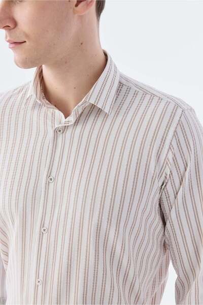 Jakamen Αθλητικό πουκάμισο από βαμβακερό εύκαμπτο ύφασμα με σχέδιο καφέ Comfort Fit