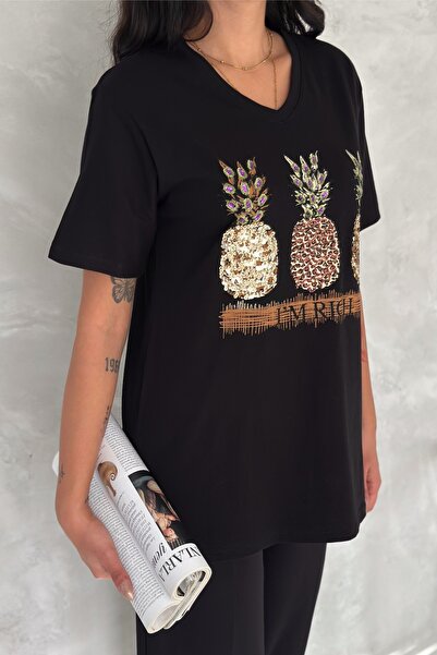 FEMELLE Women's Black V-Neck Large Size Pineapple Sequin Sequin Embroidered 100% Cotton T-Shirt