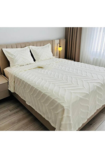bursa çeyiz Balık Sırtı Arlina Geo Ekru Modern 3 Zpsrça Çift Kişilik Çok Amaçlı Örtü Yatak Örtüsü (HEDİYELİ)