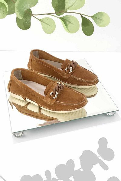 Bambi Γυναικεία Loafer Παπούτσια Camel Suede από γνήσιο δέρμα K 01303316202