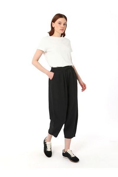 Benin Viscous Blended Ribbed Trousers with Elastic Waist - Black - Benin