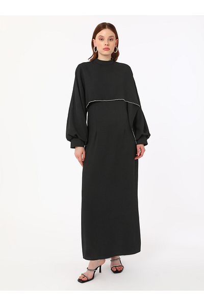Refka Μαύρη ρίγα Λεπτομερές πέτρινο φόρεμα Hijab - Refka Exclusive