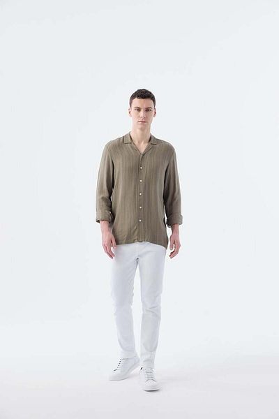 Jakamen Πουκάμισο Bohemian από 100% βαμβάκι με ριγέ γιακά Khaki Classic Fit