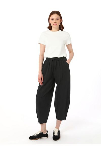 Benin Viscous Blended Ribbed Trousers with Elastic Waist - Black - Benin