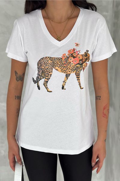 FEMELLE Women's White V-Neck Leopard Sequin Embroidered 100% Cotton T-Shirt