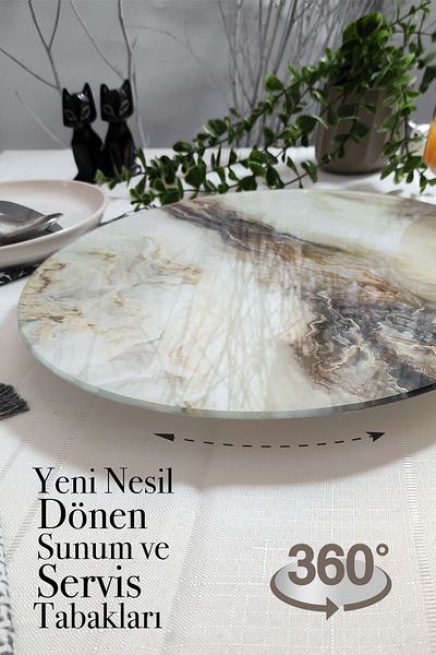 Sunum360 White Marble Patterned Serving and Presentation Plate with Rotating Stand, Cheese Plate, Lazy Susan
