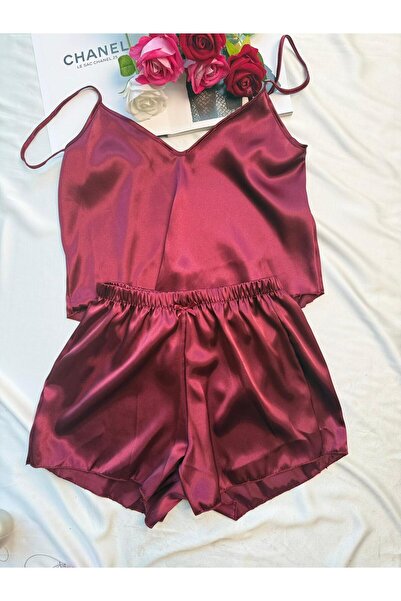 FEMYNA Desenli Ve Düz Saten Askılı Şortlu Takım Şık Pijama-gecelik Ve Sabahlık Kombini
