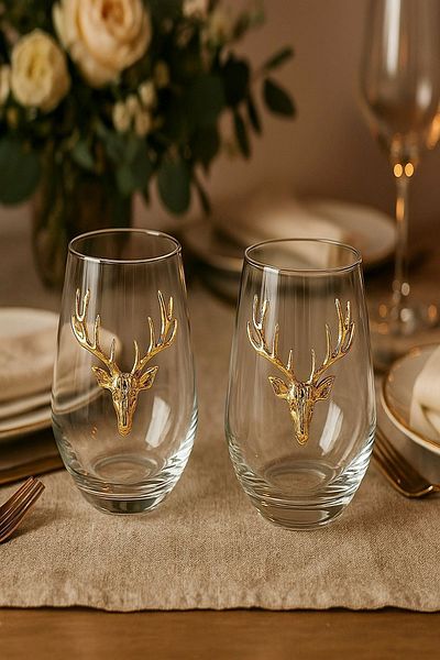 Arma House Set of 2 Stylish Glass Cups with Gold Deer Figures