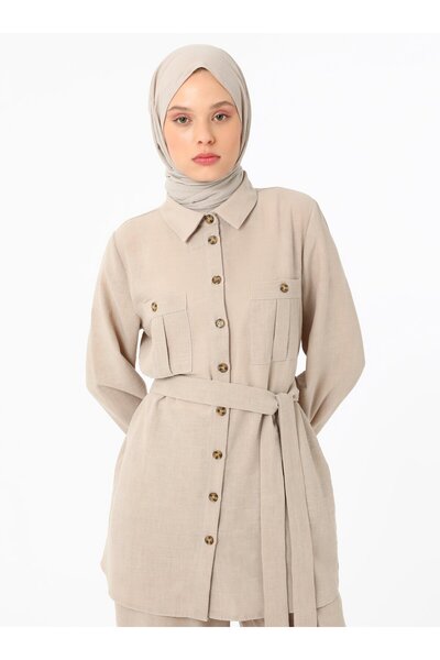 Refka طقم بنطال تونيك بتفاصيل جيب من الكتان باللون البيج - Refka