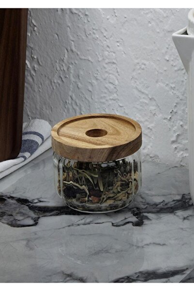 HomeTarz Timber Cam Kavanoz - Çizgili Saklama Kavanozu - Ahşap Kapaklı, 300 ML