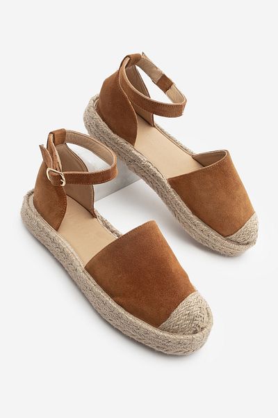 Marjin Damskie sandały espadryle w kolorze jasnobrązowym ze skóry naturalnej, pasek na kostkę z juty