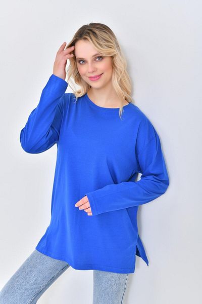 mirach Saks Blue Cotton Combed Cotton Tunic Long Sleeve Blouse T-Shirt Top