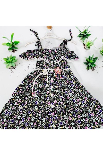 Esterella Rochie cu bretele pentru fetiță/Rochie detaliată pe umeri/Rochie pentru copii cu bretele din frânghie de viscoză