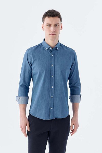 Jakamen Тъмносиня риза Slim Fit с яка от 100% памук и джобове