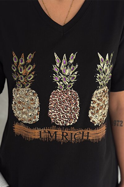 FEMELLE Women's Black V-Neck Large Size Pineapple Sequin Sequin Embroidered 100% Cotton T-Shirt