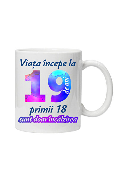 OEM Cana albă personalizată „Viața începe la”, 19 ani, INOVATIX®. 330 ml
