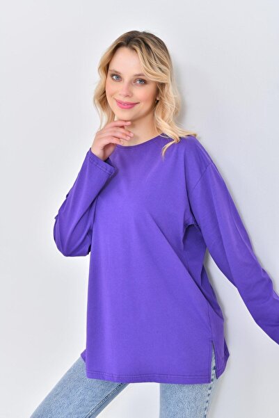 mirach Μωβ βαμβακερό χτενισμένο βαμβακερό τουνίκ μακρυμάνικο μπλουζάκι μπλουζάκι