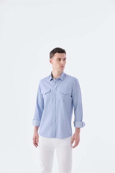 Jakamen Μπλε Comfort Fit τσέπη και κουμπωτό 100% βαμβακερό τζιν πουκάμισο