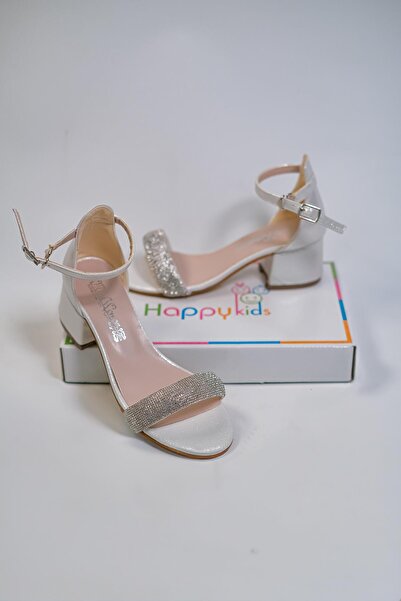 BUTİKHAPPYKİDS Kız Çocuk Abiye Ayakkabı Krem Sedef Rugan Tek Bantlı Taşlı Mezüniyet-Düğün Topuklu Çocuk Abiye Ayakk