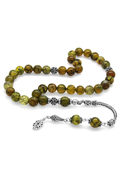 Tesbihane 925 проба срібла з бахромою, куля з прожилками, мохово-зелений агат, натуральний камінь, чотки