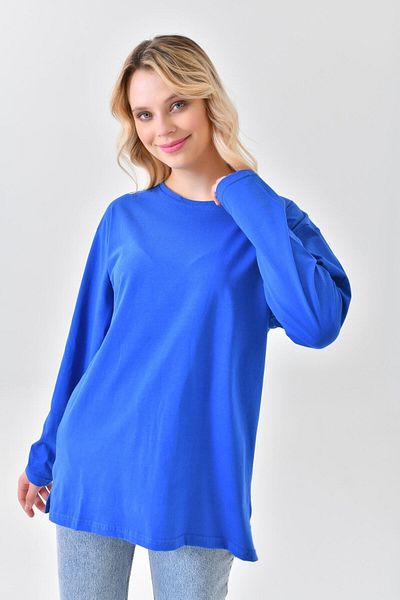 mirach Saks Blue Cotton Combed Cotton Tunic Long Sleeve Blouse T-Shirt Top