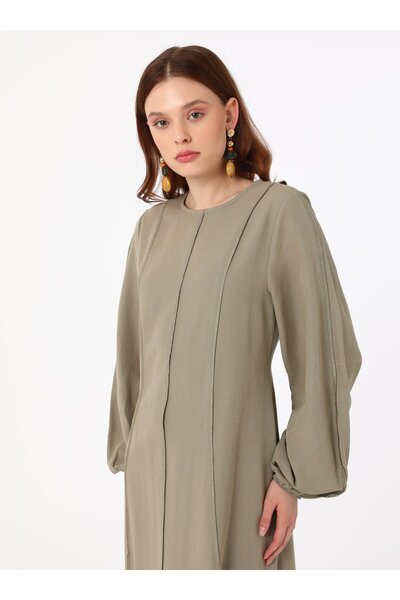 Benin Linen Blend Stitching Detailed Hijab Dress - Green -