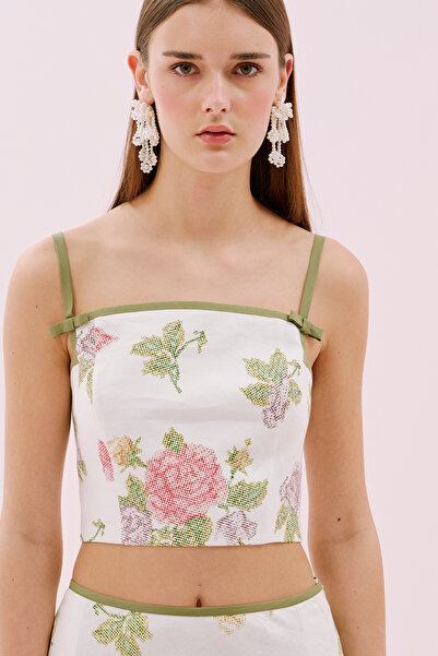 Roman Keten Kanaviçe Desenli İnce Askılı Büstiyer Standart Renk Y2514020_089