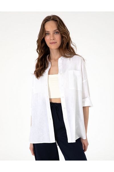 Pierre Cardin White Oversize Linen Blended Long Sleeve Shirt 50313128 -Vr013